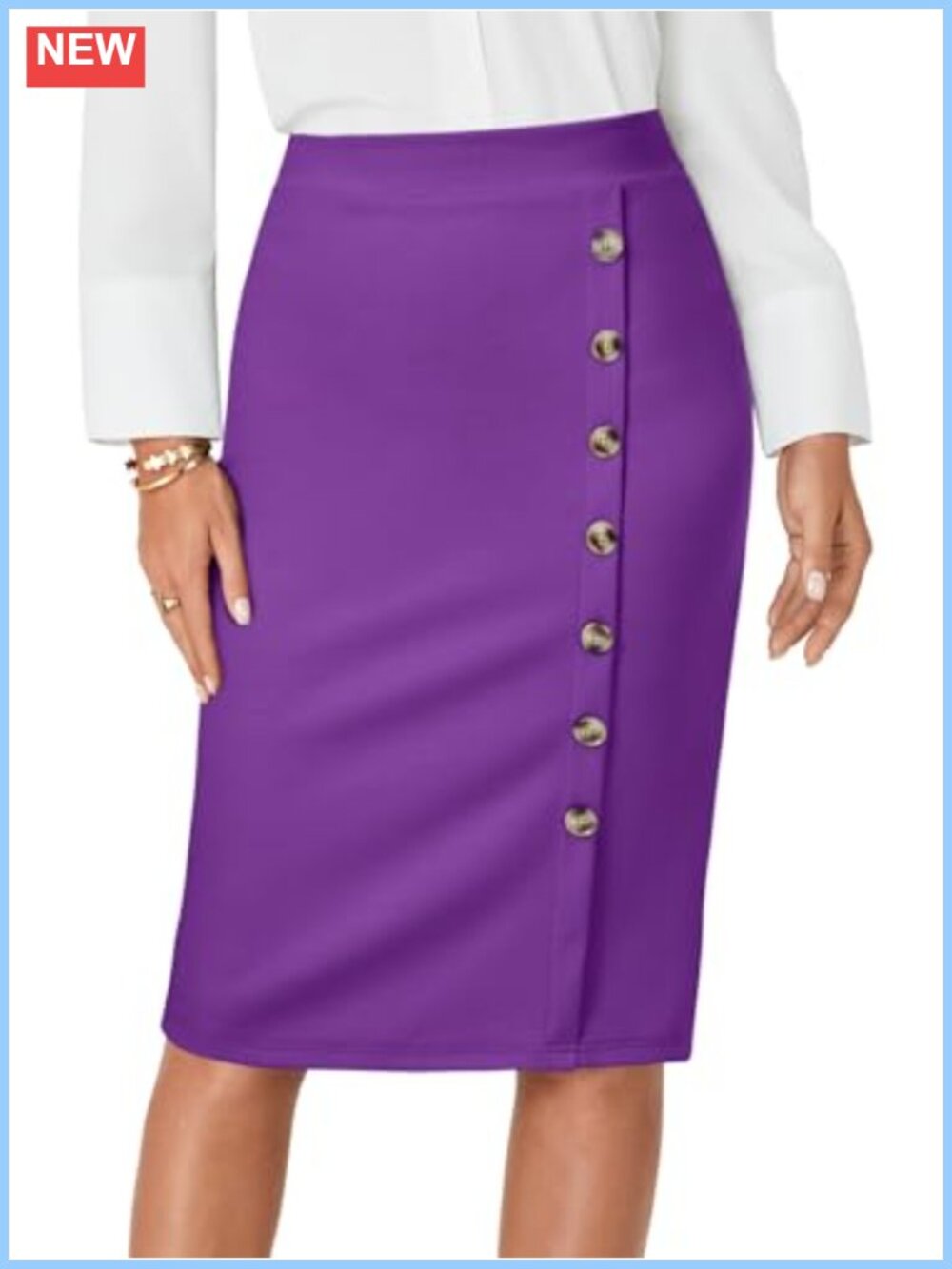 Button Stretch Casual Pencil Midi Work Skirt High Waist Slit